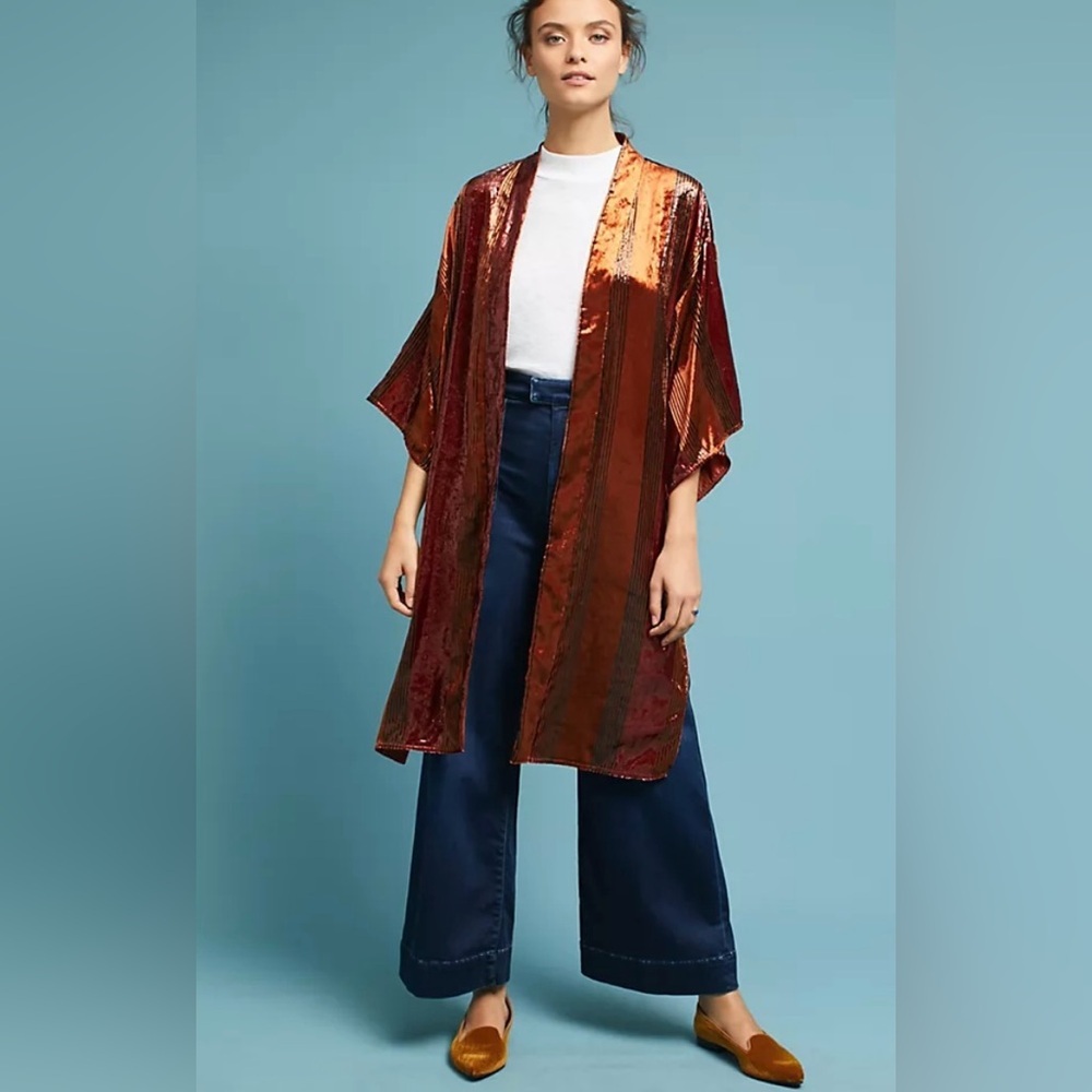 Anthropologie Longline Velvet Kimono Jacket Stripe Brown Burnt Orange XS Small